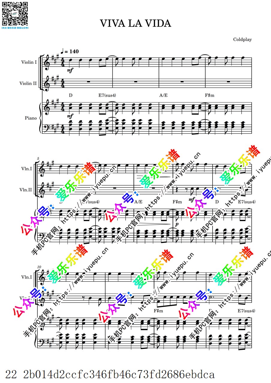 Coldplay生命万岁 Viva la Vida 双小提琴钢琴三重奏 V1 总谱分谱 乐谱曲谱总谱分谱伴奏音乐在线预览试听下载