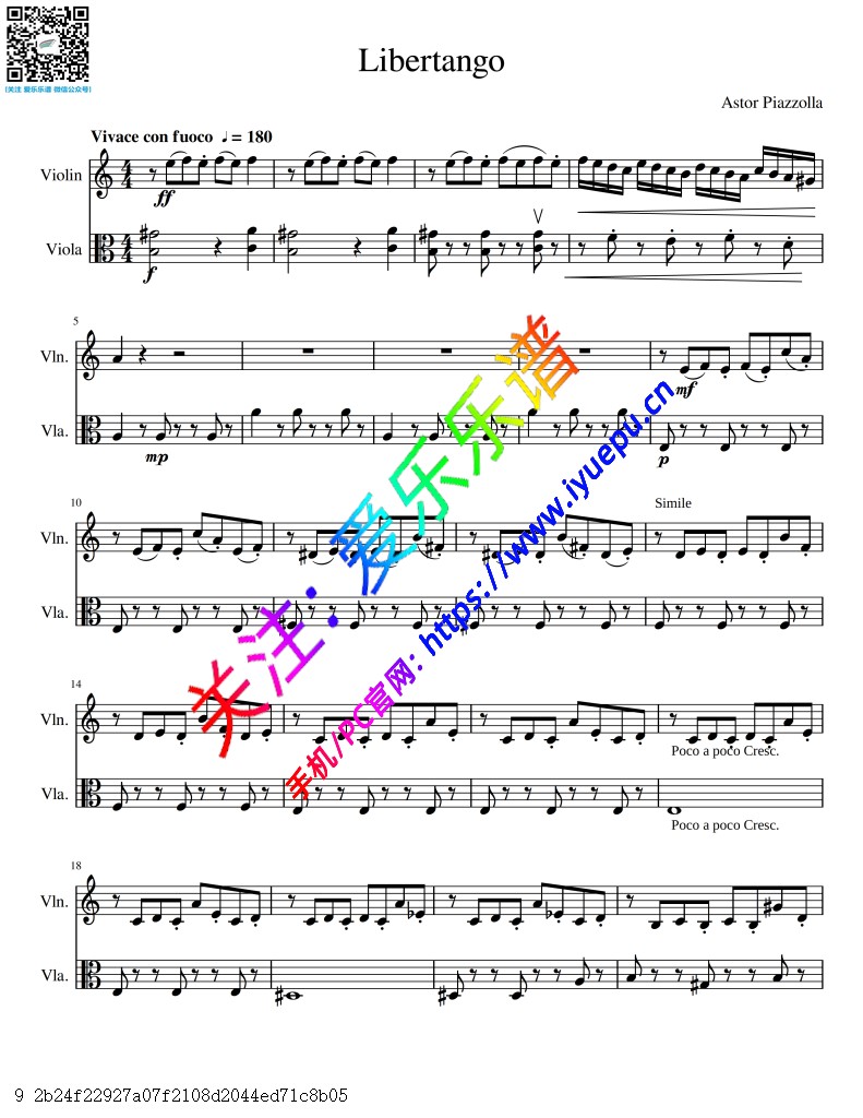 Piazzolla 皮亚佐拉 Libertango 自由探戈 小提琴中提琴二重奏总谱分谱 乐谱曲谱总谱分谱伴奏音乐在线预览试听下载