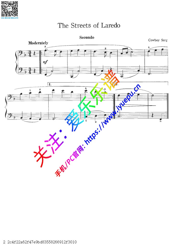 The Streets of Laredo 拉雷多的街道上 钢琴四手联弹谱 钢琴二重奏谱 乐谱曲谱总谱分谱伴奏音乐在线预览试听下载