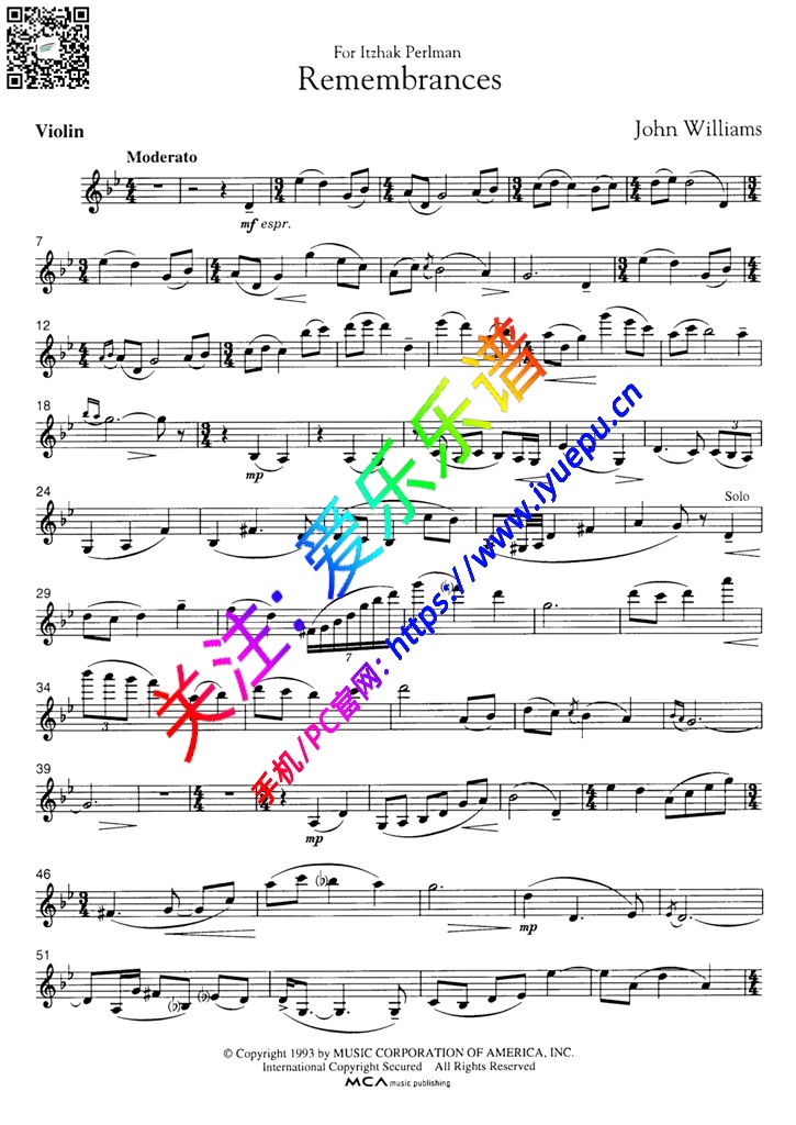 Williams 辛德勒的名单 插曲 Remembrances 回忆 小提琴谱 乐谱曲谱总谱分谱伴奏音乐在线预览试听下载