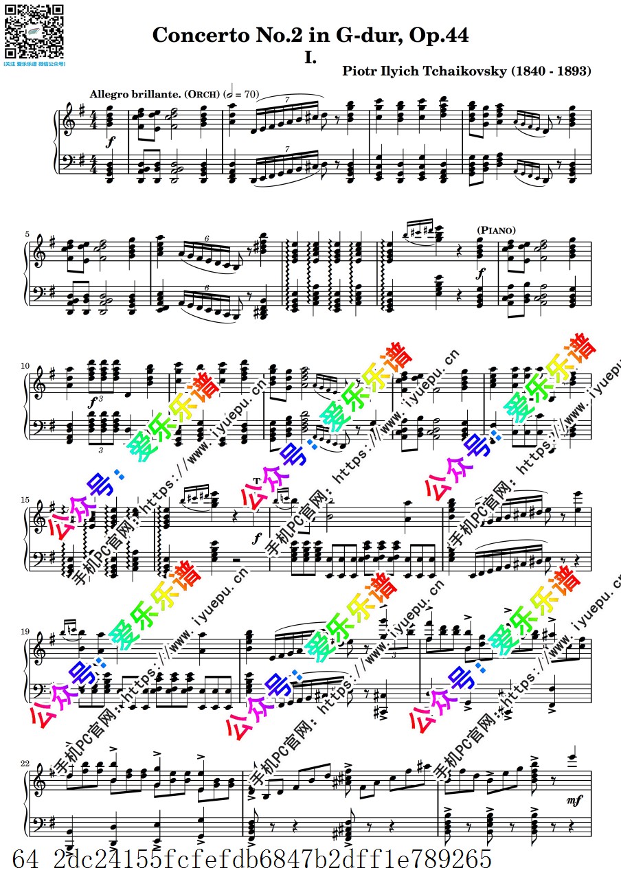 Tchaikovsky柴可夫斯基 Piano Concerto No.2 Op.44 第二钢琴协奏曲 钢琴独奏谱 乐谱曲谱总谱分谱伴奏音乐在线预览试听下载