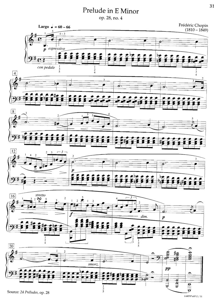 肖邦 Op28No4 E小调前奏曲Prelude 钢琴谱 乐谱曲谱总谱分谱伴奏音乐在线预览试听下载