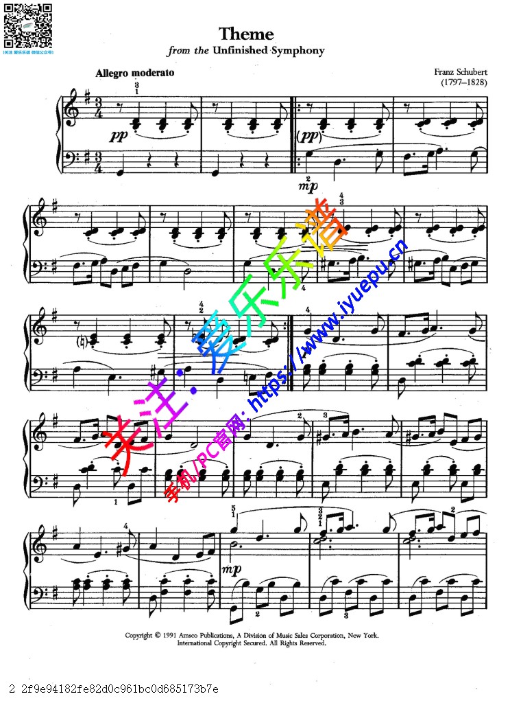 舒伯特 Theme from the Unfinished symphony 钢琴谱 乐谱曲谱总谱分谱伴奏音乐在线预览试听下载