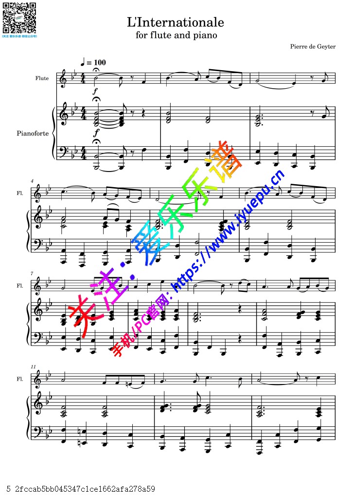 国际歌 长笛谱钢琴伴奏谱 总分谱 LInternationale for flute and piano 乐谱曲谱总谱分谱伴奏音乐在线预览试听下载