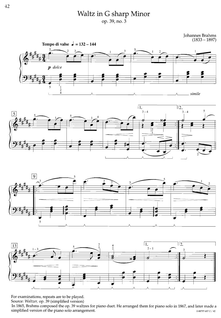 勃拉姆斯 Brahms 升G小调圆舞曲Op39No3 钢琴谱 乐谱曲谱总谱分谱伴奏音乐在线预览试听下载