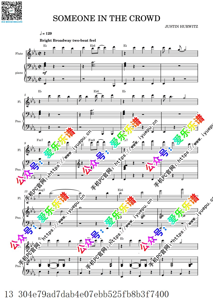 LALALAND 爱乐之城 插曲 Someone In The Crowd 长笛钢琴 总谱分谱 官版 乐谱曲谱总谱分谱伴奏音乐在线预览试听下载