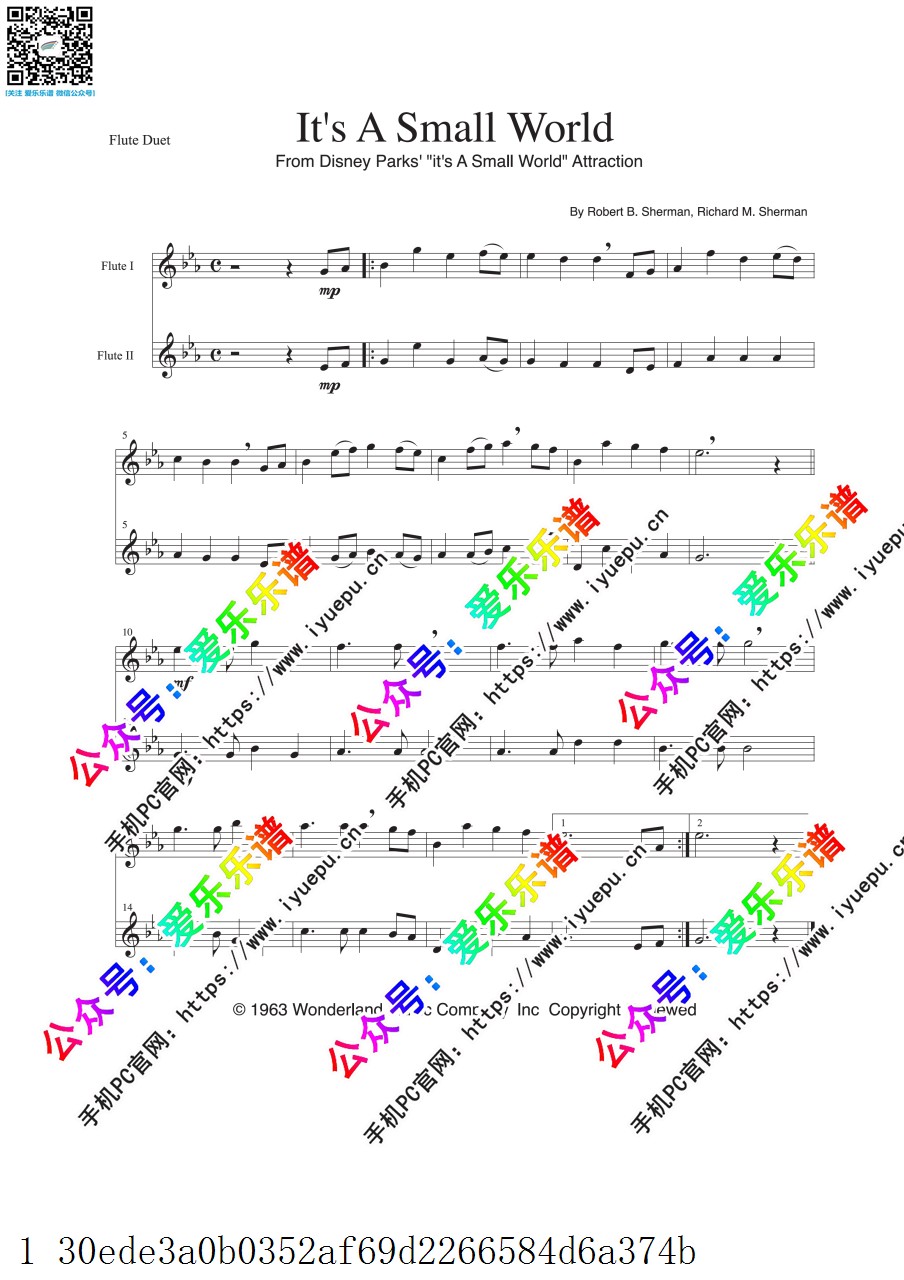 迪士尼 It's A Small World 小小世界 双长笛 二重奏 总谱 乐谱曲谱总谱分谱伴奏音乐在线预览试听下载