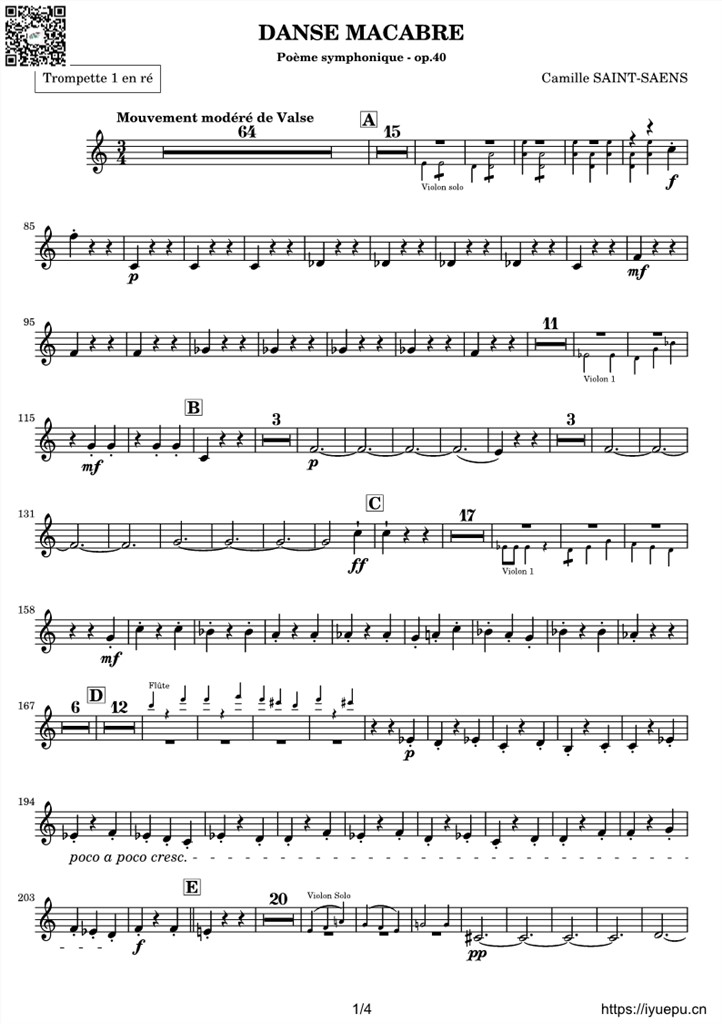 圣桑OP40 交响诗骷髅之舞 Danse macabre 交响乐谱TrumpetI-II分谱 乐谱曲谱总谱分谱伴奏音乐在线预览试听下载