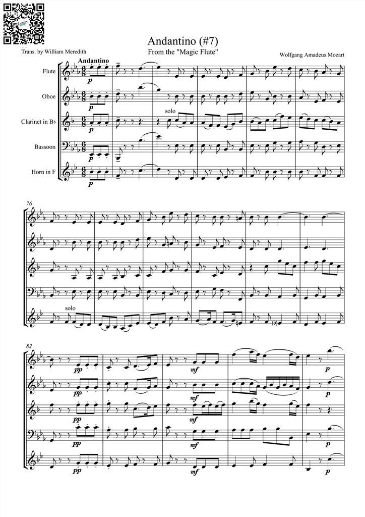 莫扎特 小行板Andantino 木管五重奏 总谱 乐谱曲谱总谱分谱伴奏音乐在线预览试听下载