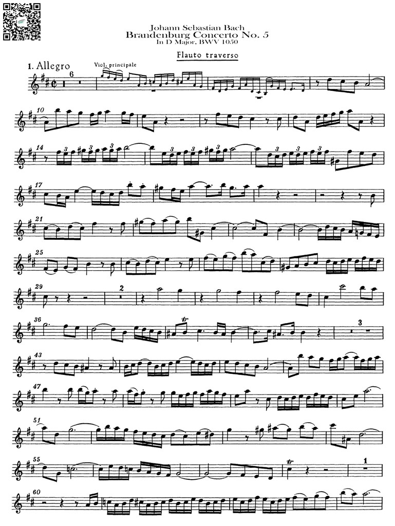 第五勃兰登堡协奏曲 长笛小提琴钢琴 弦乐四重奏 长笛solo分谱 乐谱