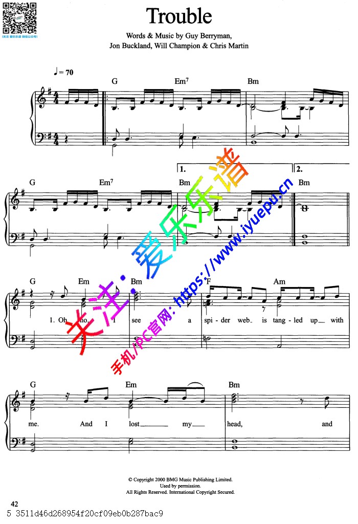 Coldplay-Guy Berryman-Trouble  歌曲 钢琴弹唱谱 乐谱曲谱总谱分谱伴奏音乐在线预览试听下载