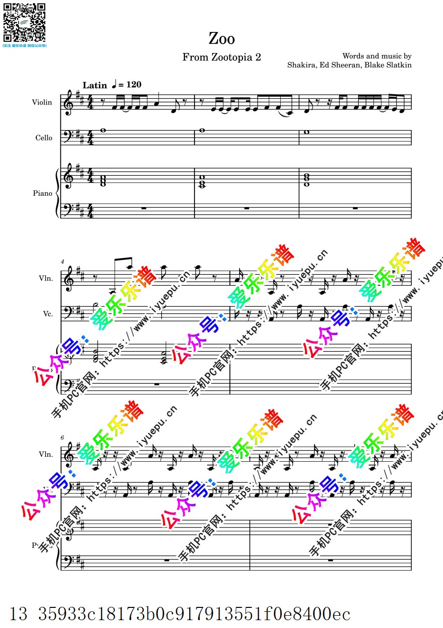 Zootopia2 疯狂动物城2主题曲 Zoo 小提琴大提琴钢琴三重奏-总谱和分谱 乐谱曲谱总谱分谱伴奏音乐在线预览试听下载
