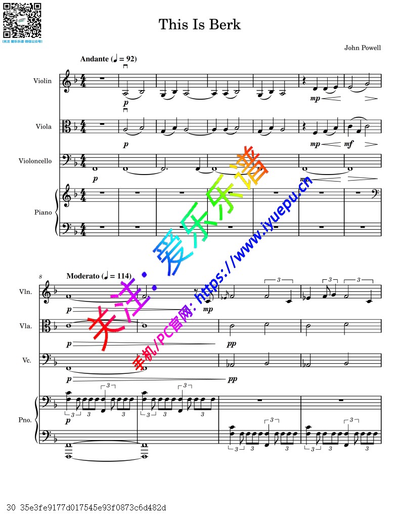 How to train your dragon 驯龙高手主题曲 This is berk 小提琴中提琴大提琴钢琴四重奏总分谱 乐谱曲谱总谱分谱伴奏音乐在线预览试听下载
