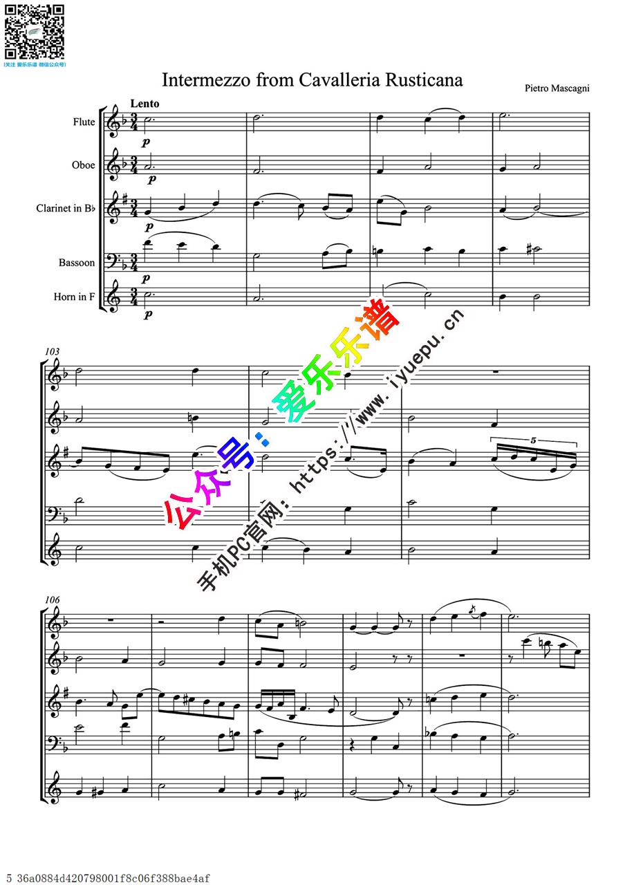 乡村骑士间奏曲Intermezzo from Cavalleria Rusticana木管五重奏总谱 乐谱曲谱总谱分谱伴奏音乐在线预览试听下载