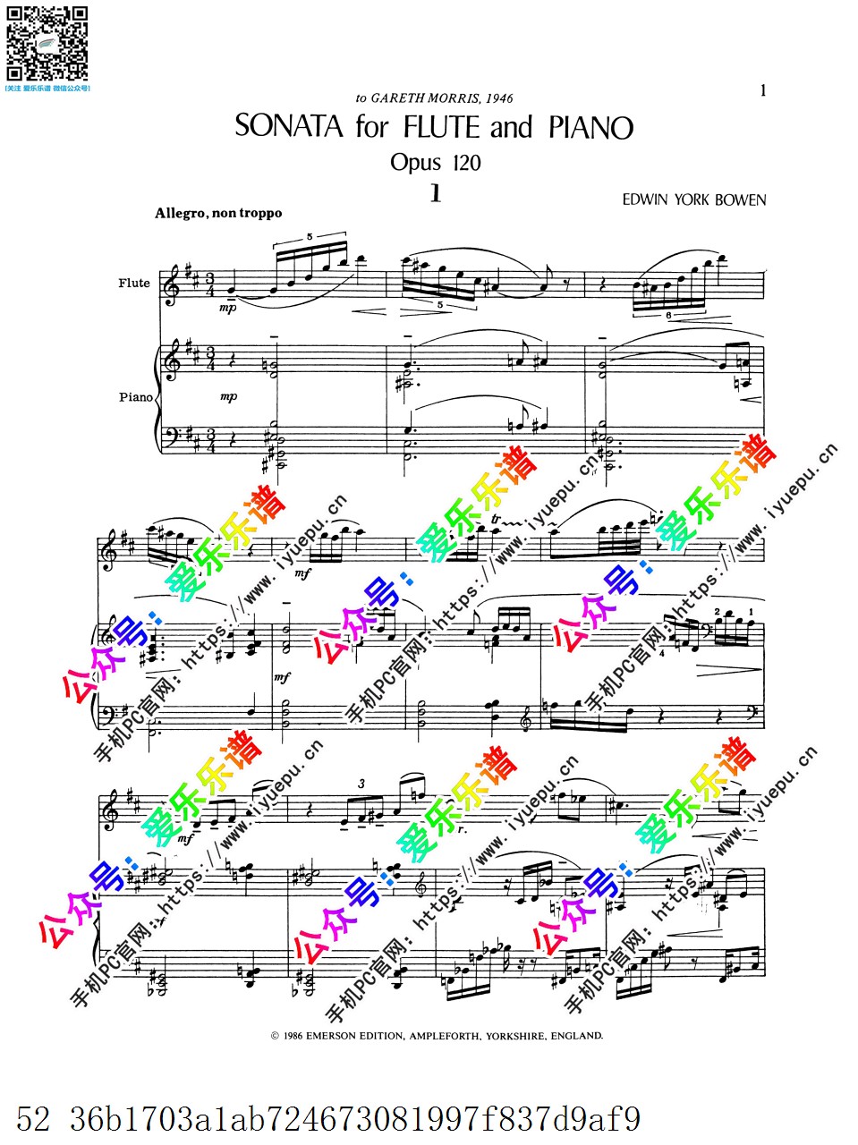 Bowen, York约克-鲍文 Flute Sonata Op.120 长笛奏鸣曲 长笛谱与钢琴伴奏谱 总分谱 原版 乐谱曲谱总谱分谱伴奏音乐在线预览试听下载
