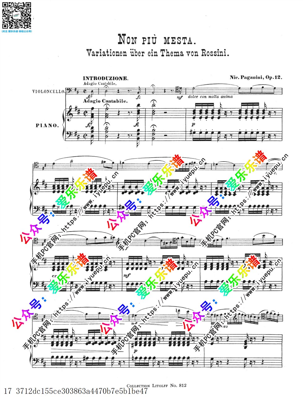 Paganini帕格尼尼 Variations on Non piu mesta Op.12 磨坊女主题变奏曲 心如止水-我心惆怅 主题变奏 大提琴谱与钢琴伴奏谱 原版 乐谱曲谱总谱分谱伴奏音乐在线预览试听下载