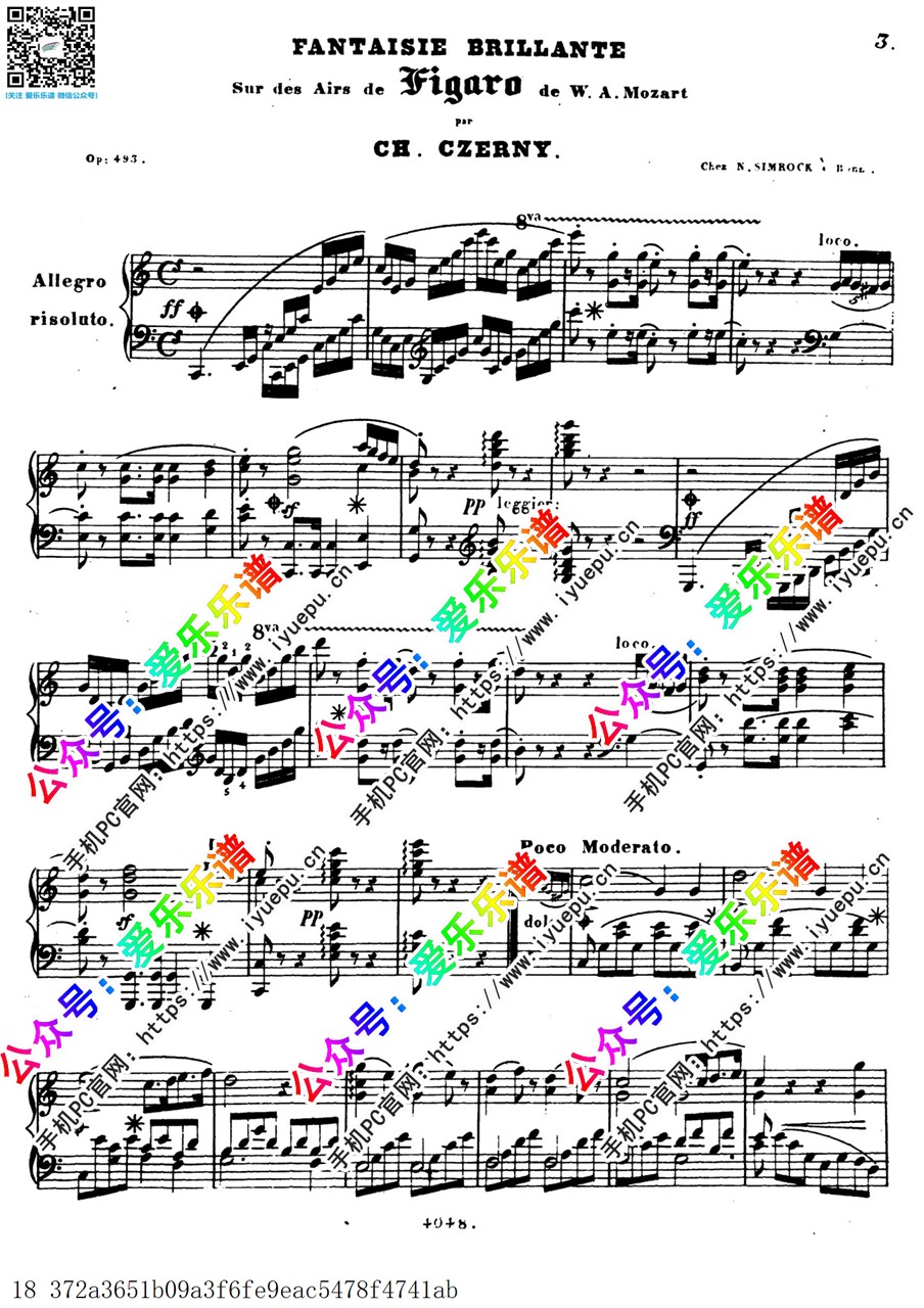 Czerny 车尔尼 费加罗主题动机华丽幻想曲 Op.493 钢琴谱 原版 乐谱曲谱总谱分谱伴奏音乐在线预览试听下载