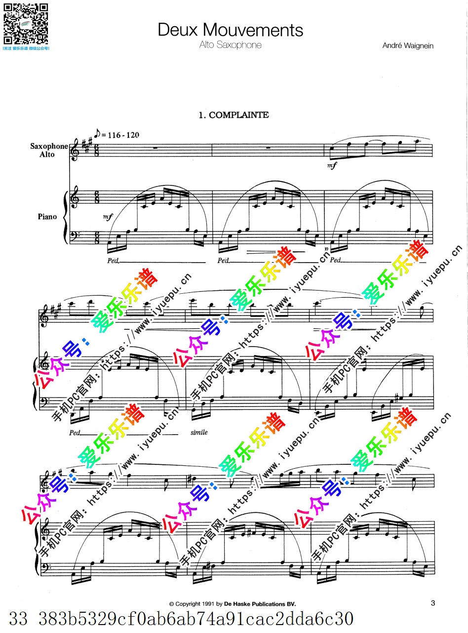 Andre Waignein安德烈维涅因 Deux Mouvements 中音萨克斯谱与钢琴伴奏谱 原版 乐谱曲谱总谱分谱伴奏音乐在线预览试听下载