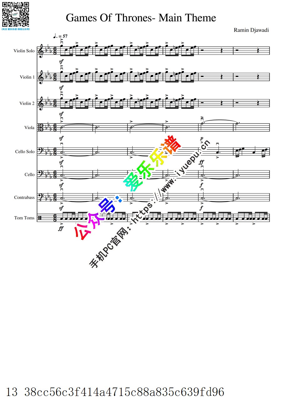 Game of Thrones theme 权利游戏主题曲 3小1中2大低音提琴 弦乐七重奏-总谱与分谱 乐谱曲谱总谱分谱伴奏音乐在线预览试听下载