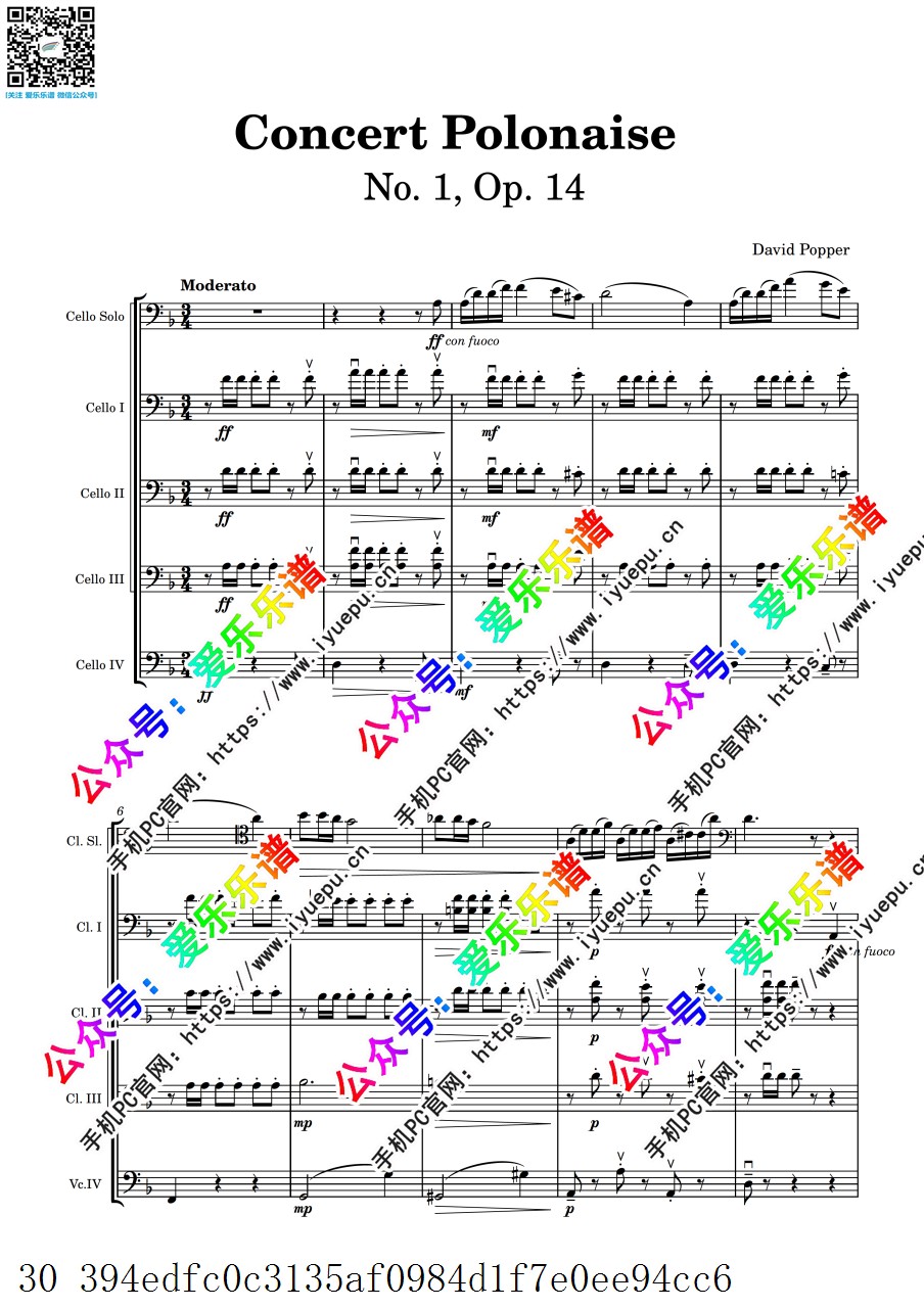 popper 波帕尔 音乐会波兰舞曲 OP14 Concert Polonaise 大提琴SOLO与4大提琴伴奏-总谱分谱 乐谱曲谱总谱分谱伴奏音乐在线预览试听下载