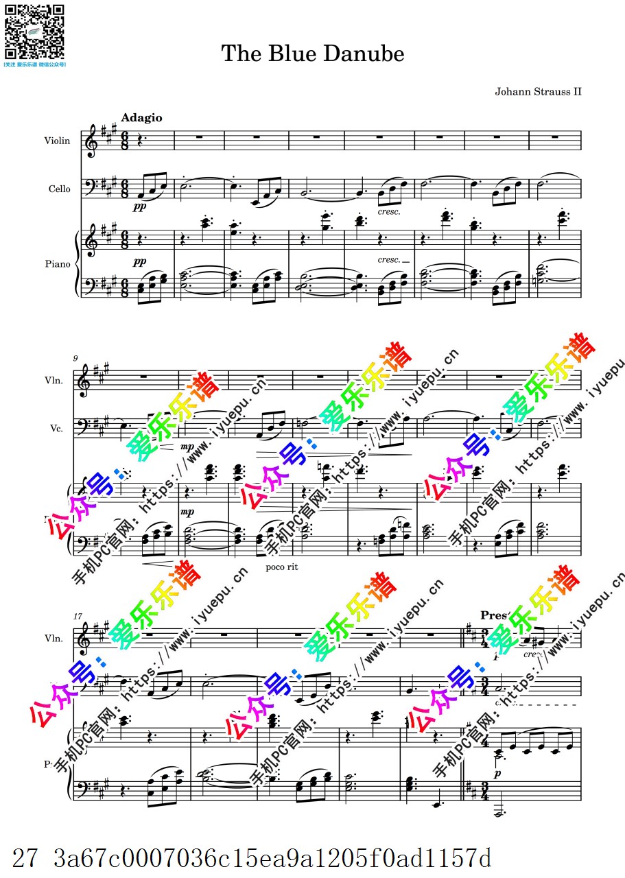 施特劳斯 蓝色多瑙河圆舞曲 Blue Danube waltz 小提琴大提琴钢琴三重奏-总谱和分谱 乐谱曲谱总谱分谱伴奏音乐在线预览试听下载