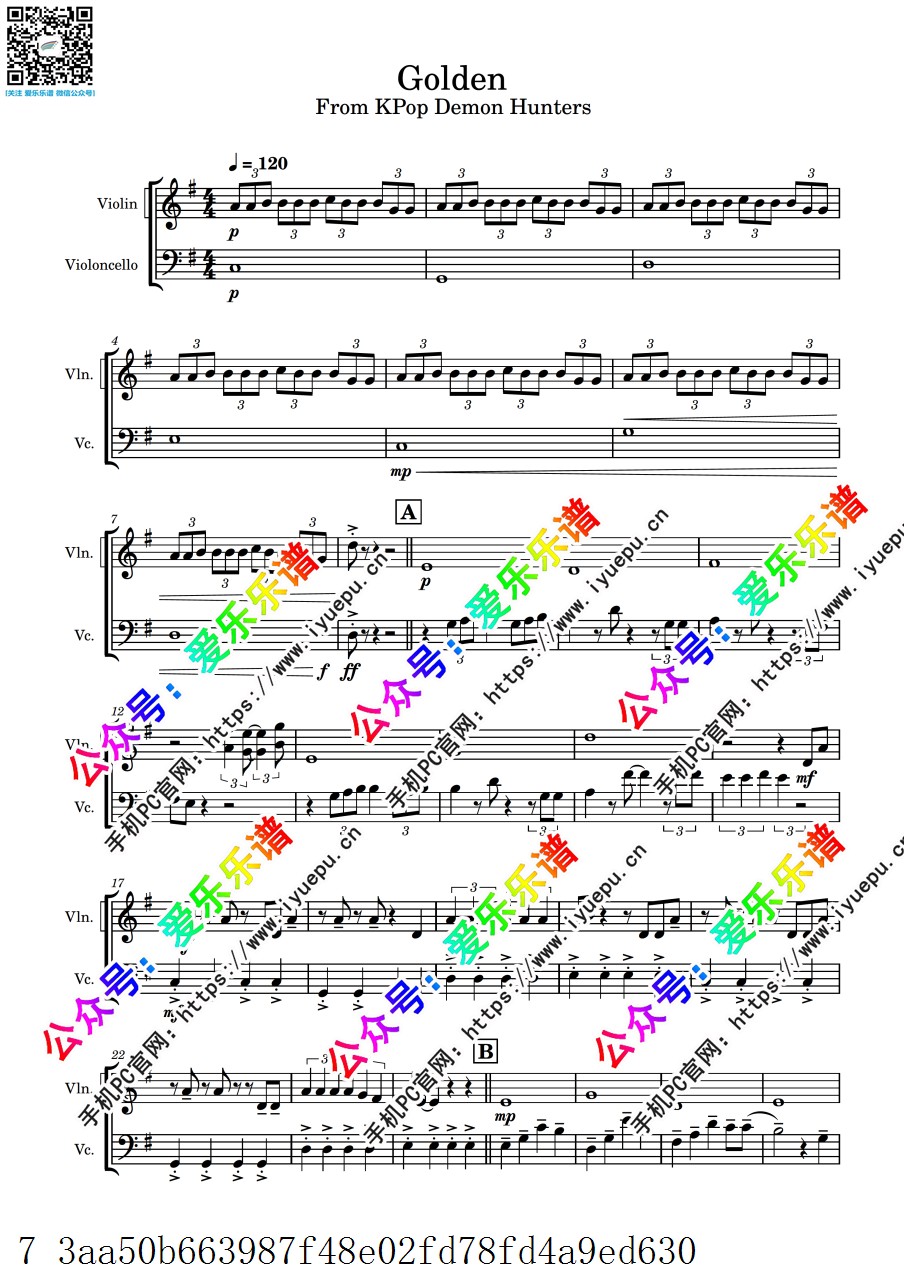 Golden 猎魔女团 from KPop Demon Hunters 小提琴大提琴 二重奏-总谱和分谱 乐谱曲谱总谱分谱伴奏音乐在线预览试听下载