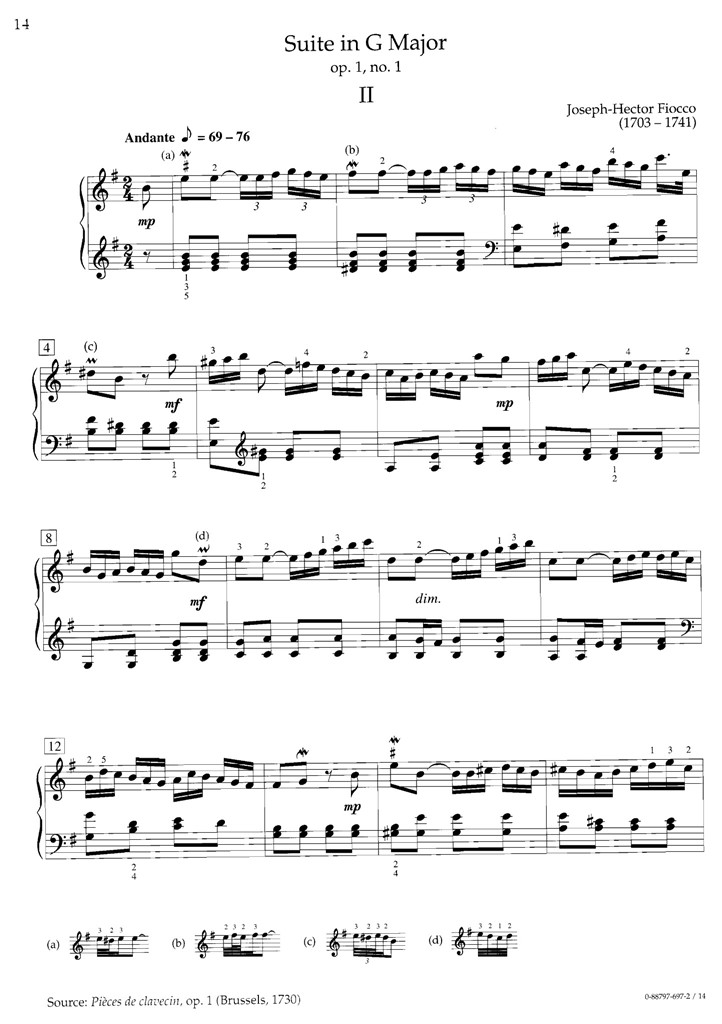 菲欧可 Joseph-Hector Fiocco Suite in G Major OP1no1 II 钢琴谱 乐谱曲谱总谱分谱伴奏音乐在线预览试听下载