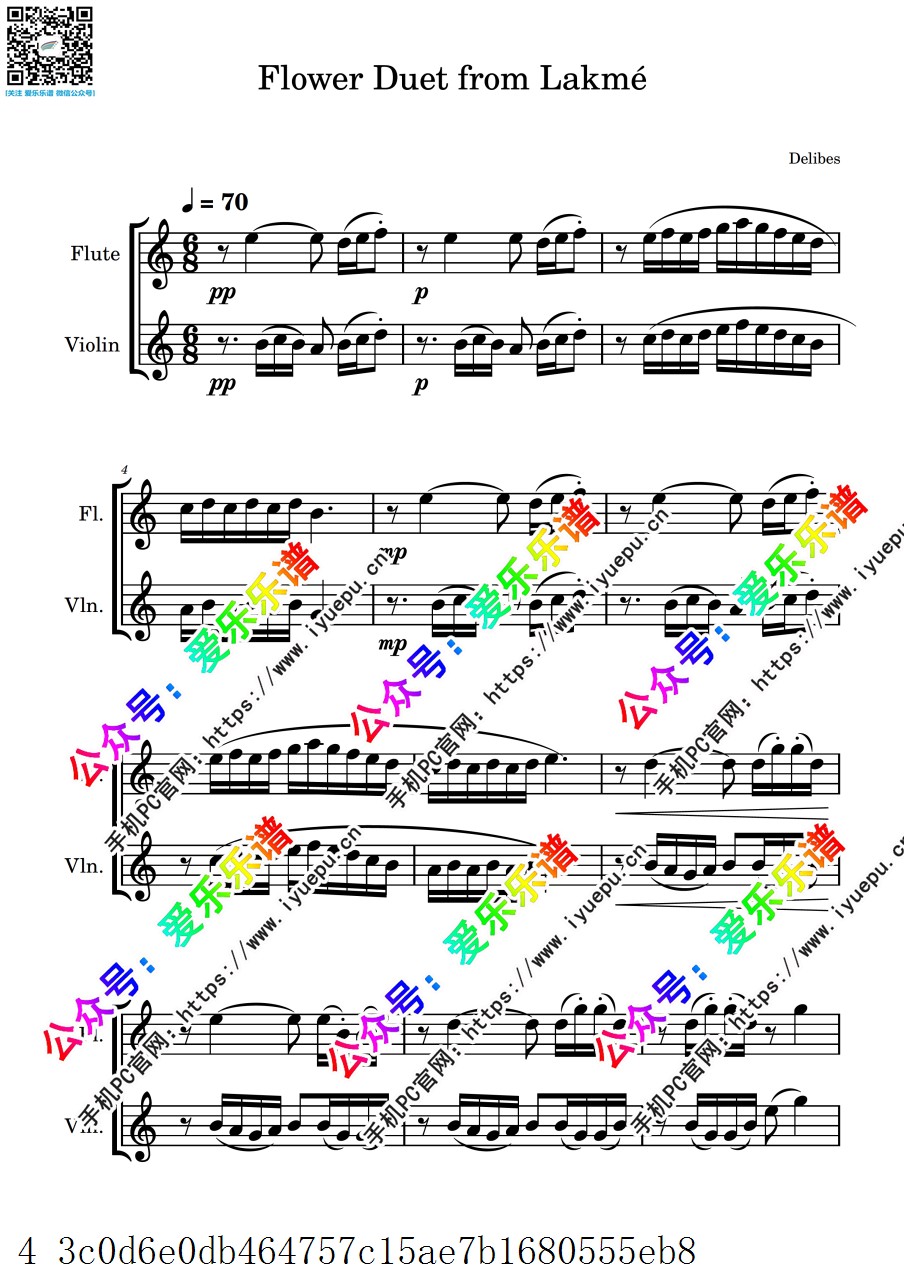 花之二重奏 Flower Duet from Lakme 歌剧拉克美选段 长笛小提琴二重奏-总谱和分谱 乐谱曲谱总谱分谱伴奏音乐在线预览试听下载