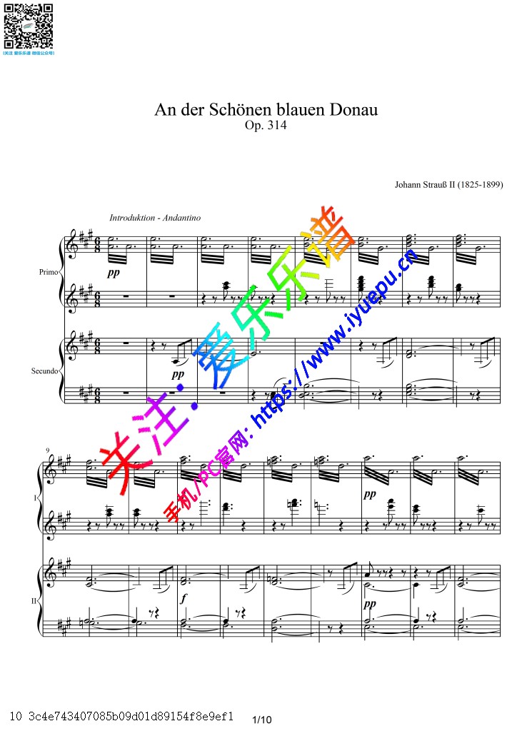 约翰施特劳斯 蓝色多瑙河 Op314 钢琴 四手联弹钢琴谱 乐谱曲谱总谱分谱伴奏音乐在线预览试听下载
