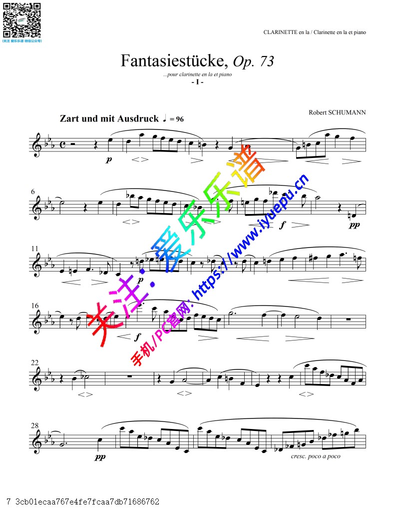 舒曼Schumann 幻想曲Fantasiestucke OP.73 A 单簧管谱 Clarinet in A and Piano 乐谱曲谱总谱分谱伴奏音乐在线预览试听下载