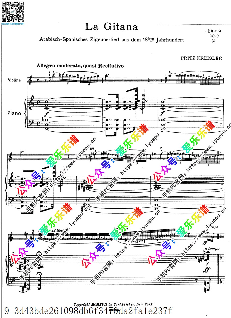 Kreisler, Fritz克莱斯勒 La gitana 吉普赛女郎 小提琴谱与钢琴伴奏谱 总分谱 原版 乐谱曲谱总谱分谱伴奏音乐在线预览试听下载