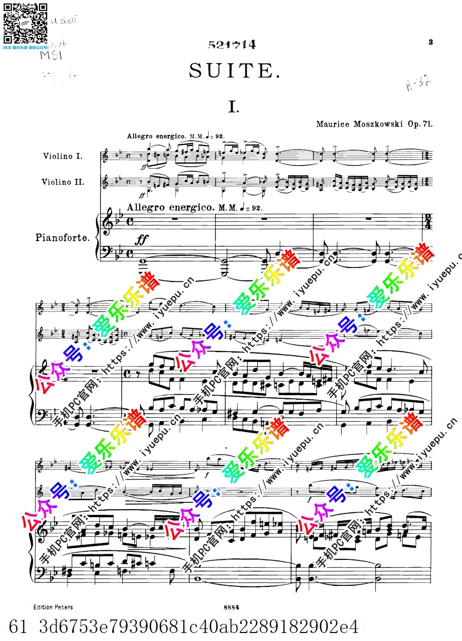 Moszkowski莫什科夫斯基 Suite Op.71 双小提琴与钢琴组曲 三重奏 总分谱 Peters原版 乐谱曲谱总谱分谱伴奏音乐在线预览试听下载
