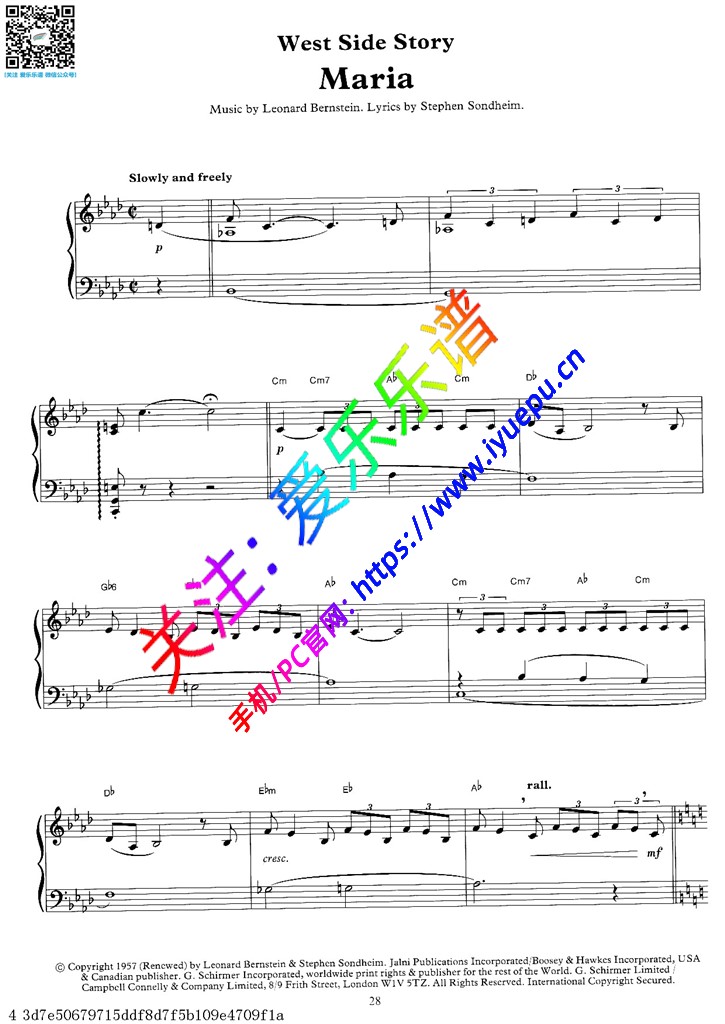 maria(west side story) 钢琴谱 乐谱曲谱总谱分谱伴奏音乐在线预览试听下载