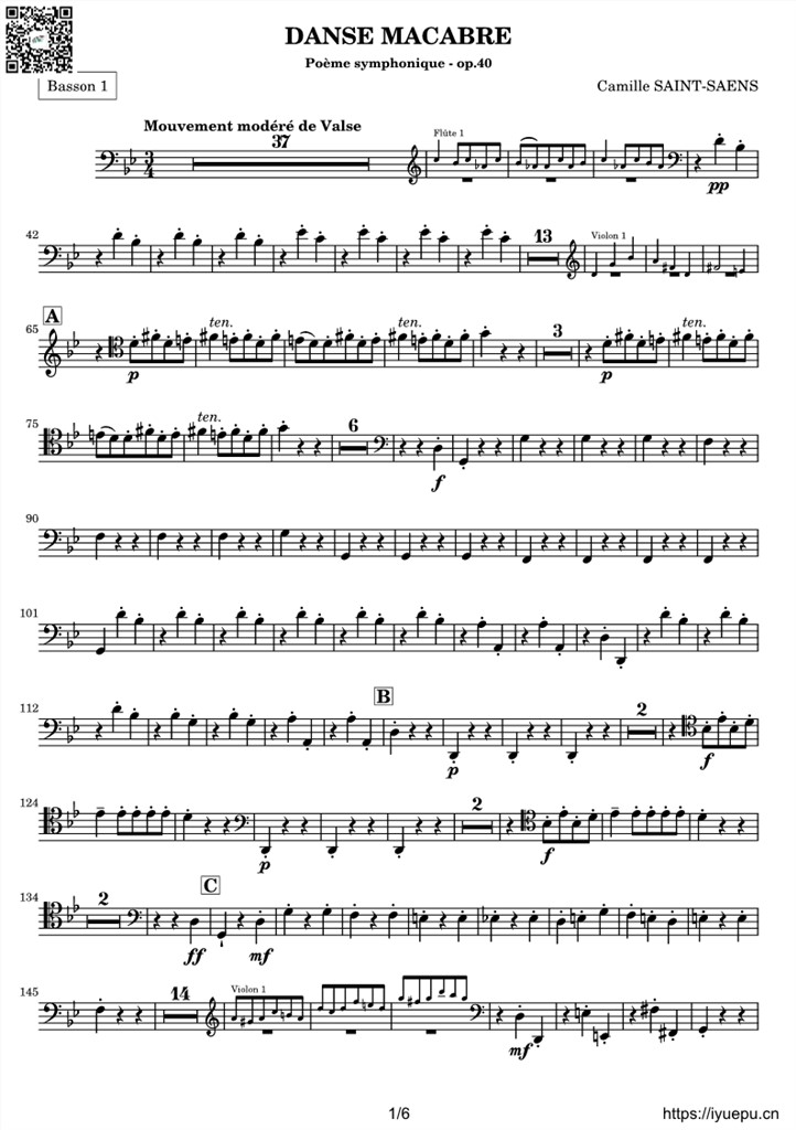 圣桑OP40 交响诗骷髅之舞 Danse macabre 交响乐谱 BassoonI-II分谱 乐谱曲谱总谱分谱伴奏音乐在线预览试听下载