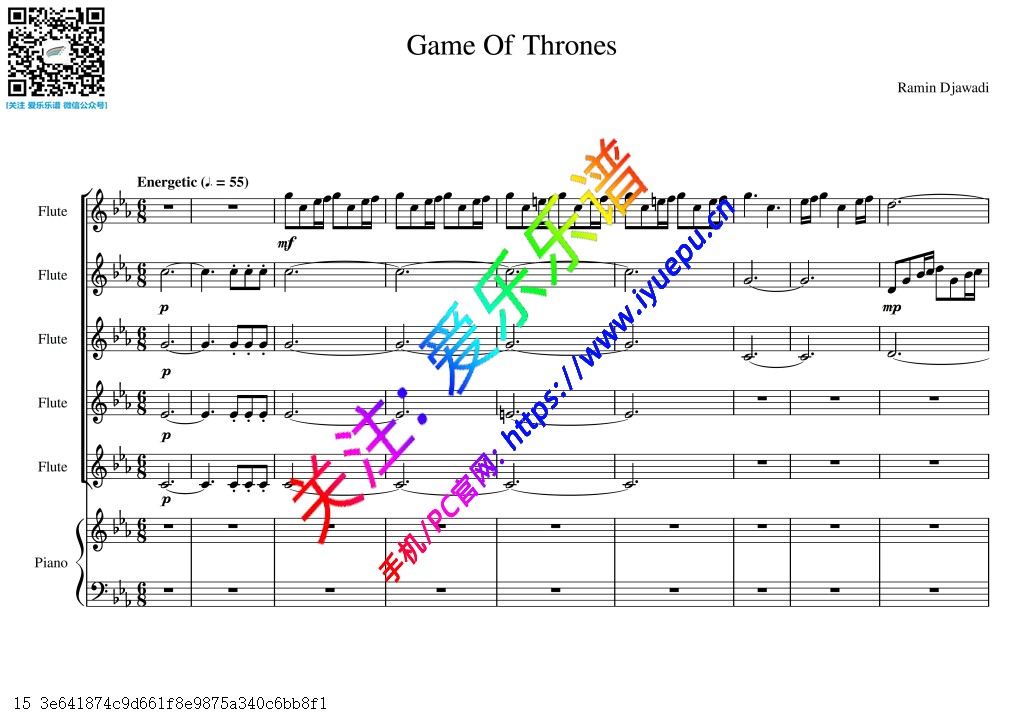 权利的游戏主题曲 Game Of Thrones 5长笛五重奏 钢琴伴奏-总谱与分谱 乐谱曲谱总谱分谱伴奏音乐在线预览试听下载