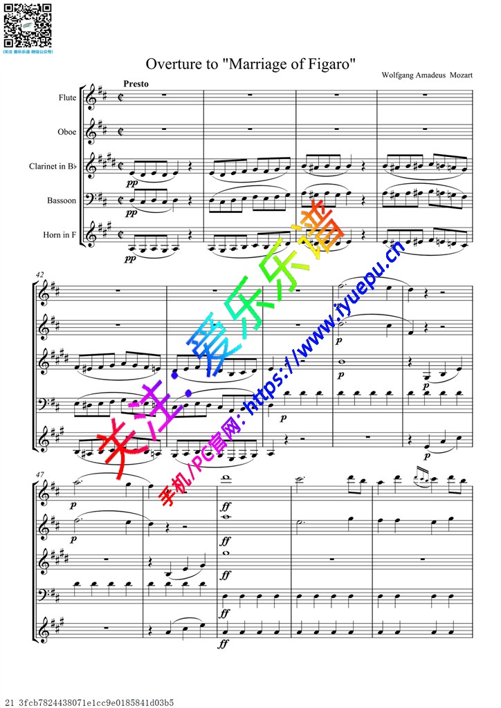 莫扎特 Overture from the Marriage of Figaro 费加罗的婚礼 木管五重奏总谱 乐谱曲谱总谱分谱伴奏音乐在线预览试听下载