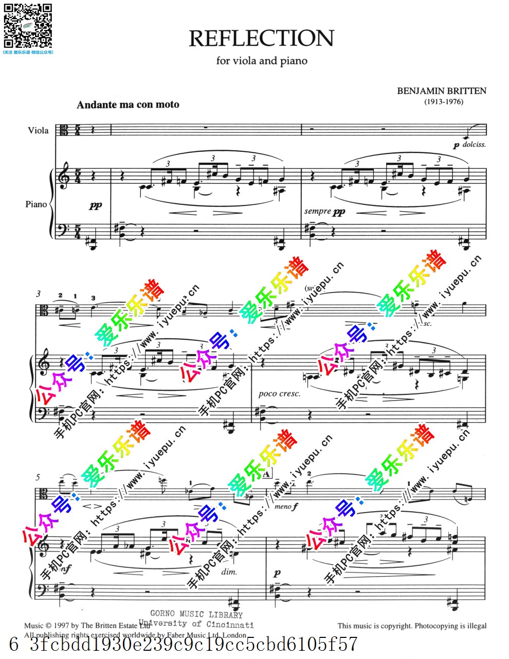 Benjamin Britten 本杰明 布里顿 Reflection 中提琴钢琴伴奏谱 乐谱曲谱总谱分谱伴奏音乐在线预览试听下载