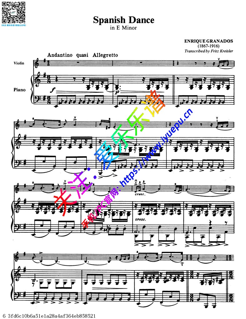 克莱斯勒Fritz Kreisler-Spanish Dance in E Minor-Enrique Granados小提琴钢琴伴奏谱 乐谱曲谱总谱分谱伴奏音乐在线预览试听下载
