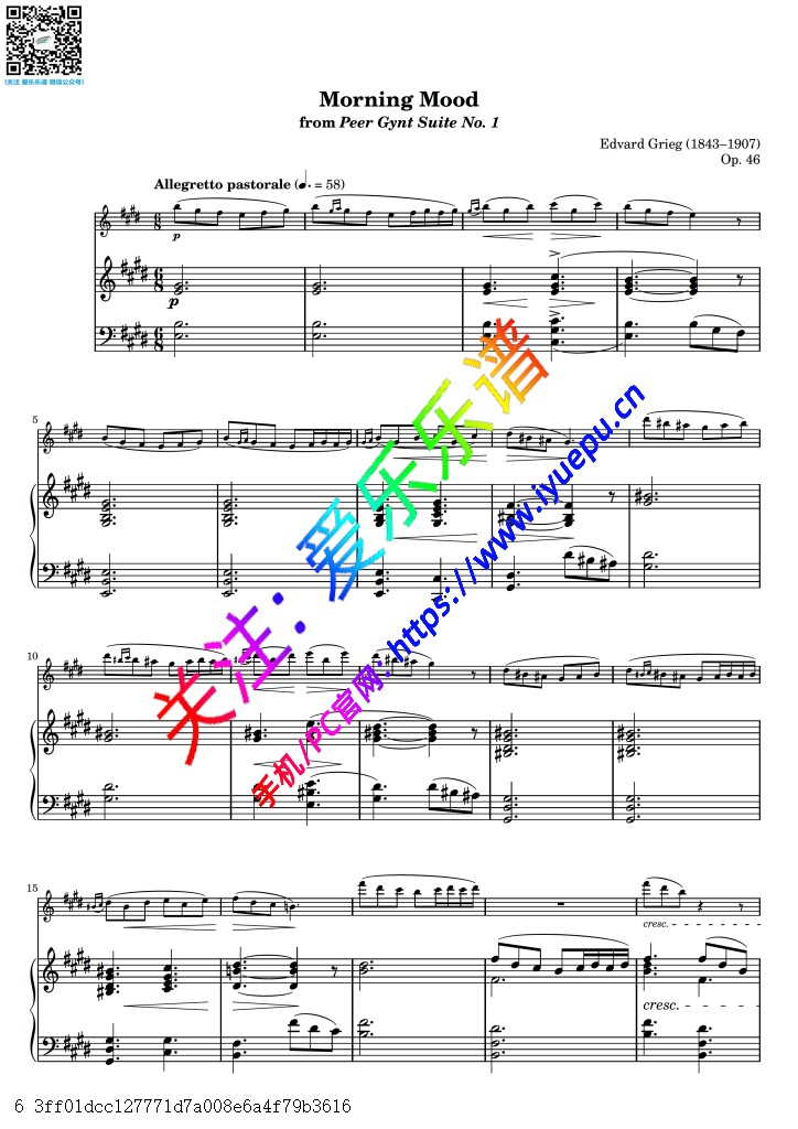 Grieg格里格 培尔金特-晨曲 OP46 No1 长笛谱与钢琴伴奏谱 乐谱曲谱总谱分谱伴奏音乐在线预览试听下载