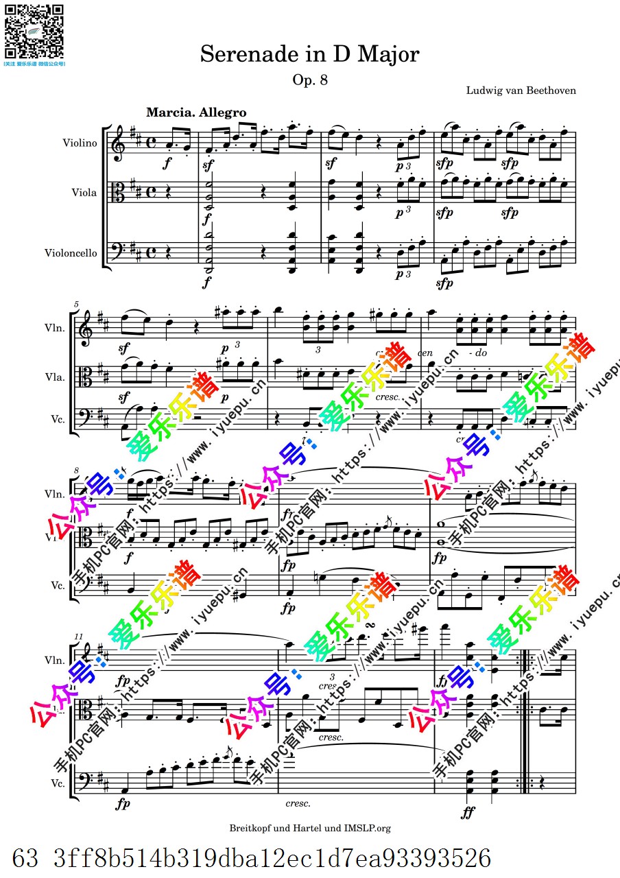 贝多芬D 大调小夜曲 小中大提琴 弦乐三重奏 Op.8 Serenade in D major beethoven-总谱和分谱 乐谱曲谱总谱分谱伴奏音乐在线预览试听下载
