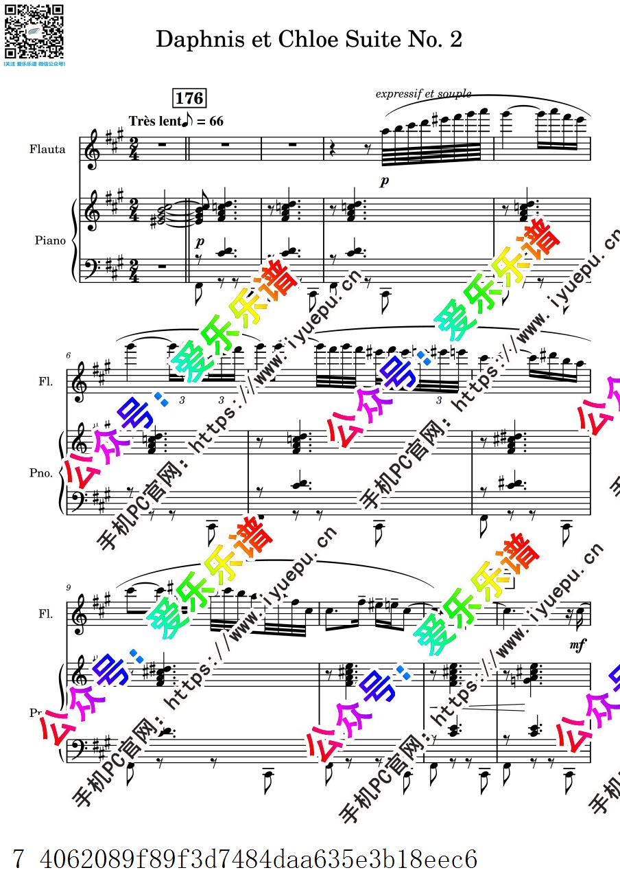Ravel 拉威尔 达夫妮斯与克罗埃 Daphnis et Chloe Suite No.2 长笛谱与钢琴伴奏谱 乐谱曲谱总谱分谱伴奏音乐在线预览试听下载