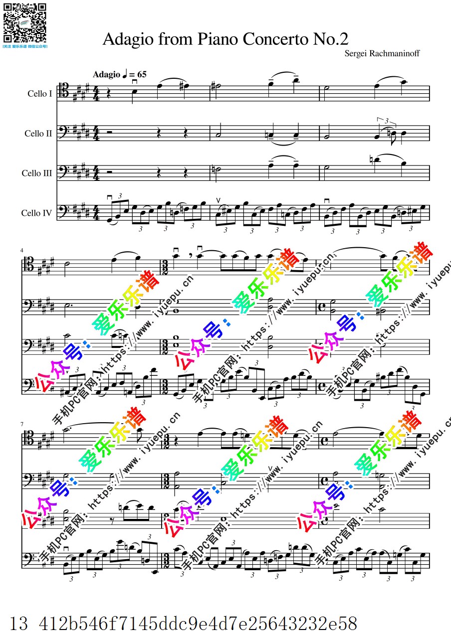 Rachmaninoff 拉赫玛尼诺夫 第二钢琴协奏曲 第二乐章  No.2 Op.18 adagio 4大提琴四重奏-总谱和分谱 乐谱曲谱总谱分谱伴奏音乐在线预览试听下载