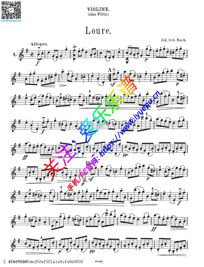 巴赫无伴奏大提琴第三组曲-布列舞曲Loure BWV1009 长笛(小提琴)谱 Peter版 乐谱曲谱总谱分谱伴奏音乐在线预览试听下载