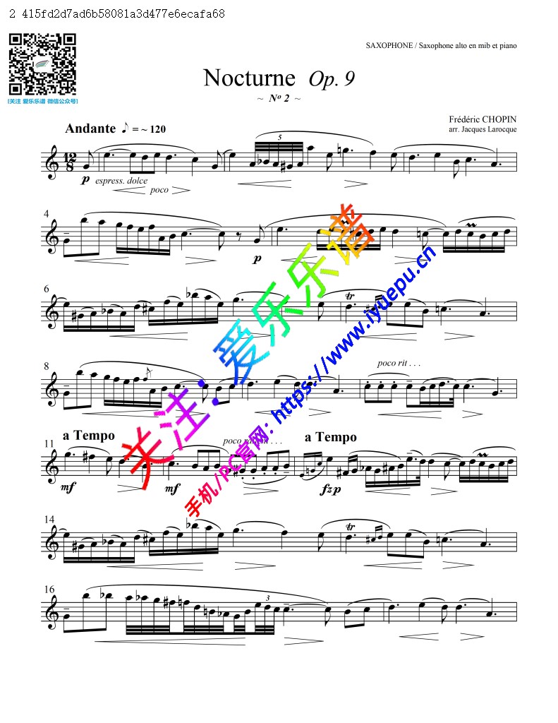 肖邦 夜曲 Nocturno Op9 No2 中音萨克斯谱 乐谱曲谱总谱分谱伴奏音乐在线预览试听下载