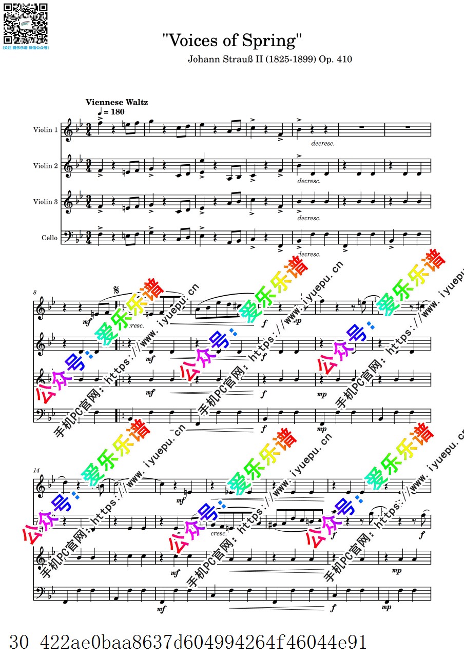 施特劳斯Fruhlingsstimmen OP.410 春之声圆舞曲 Voices of Spring 3小1大提琴 弦乐四重奏-总谱和分谱 乐谱曲谱总谱分谱伴奏音乐在线预览试听下载