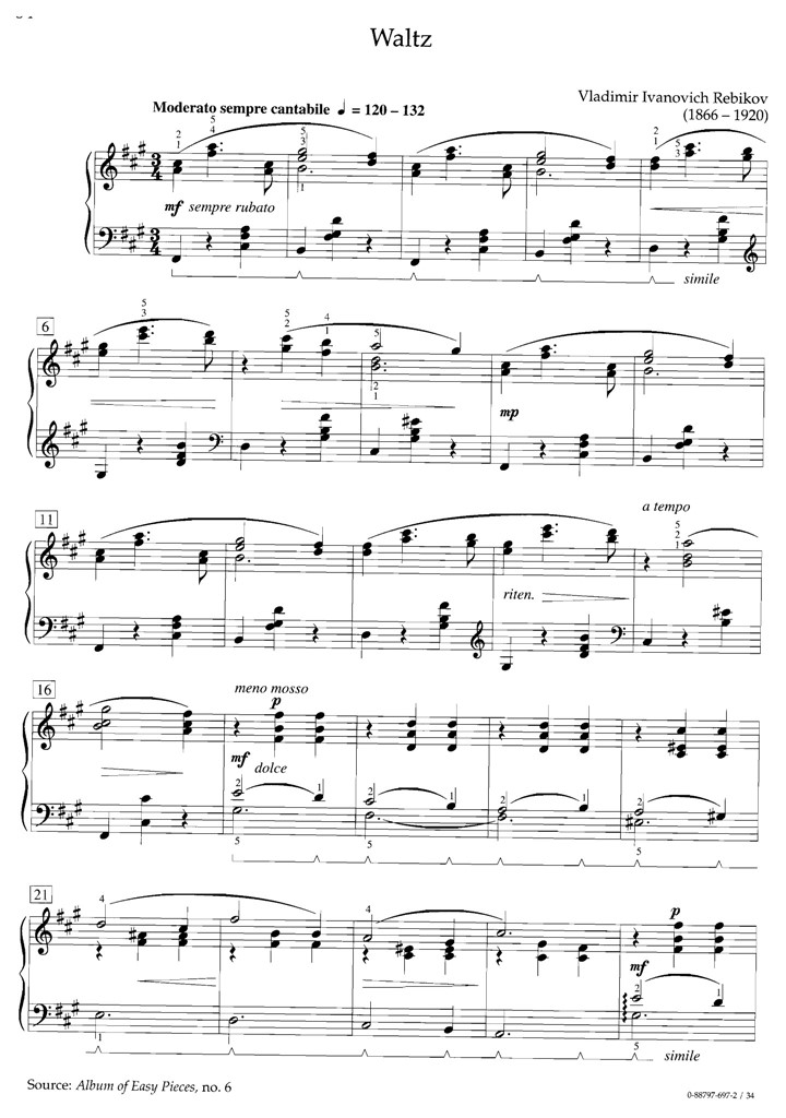 雷比科夫 Rebikov 圆舞曲Waltz 钢琴谱 乐谱曲谱总谱分谱伴奏音乐在线预览试听下载