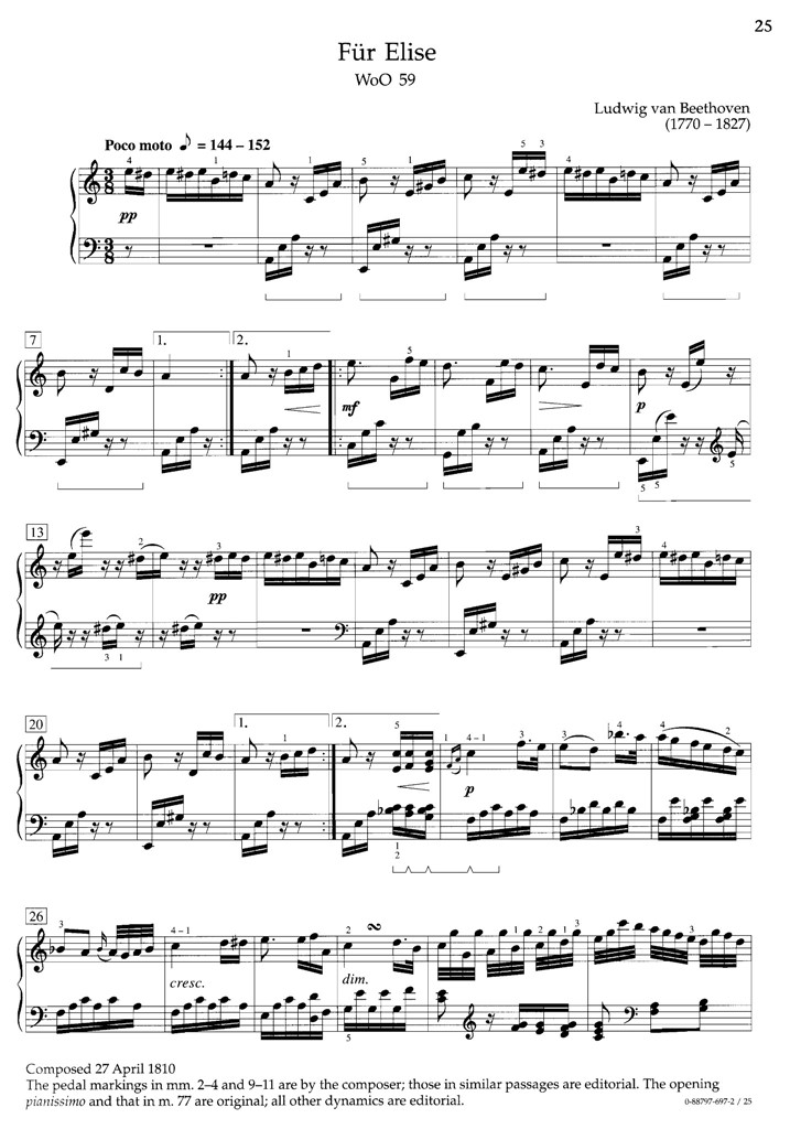 贝多芬 致爱丽丝Fur Elise WoO59 钢琴谱 乐谱曲谱总谱分谱伴奏音乐在线预览试听下载