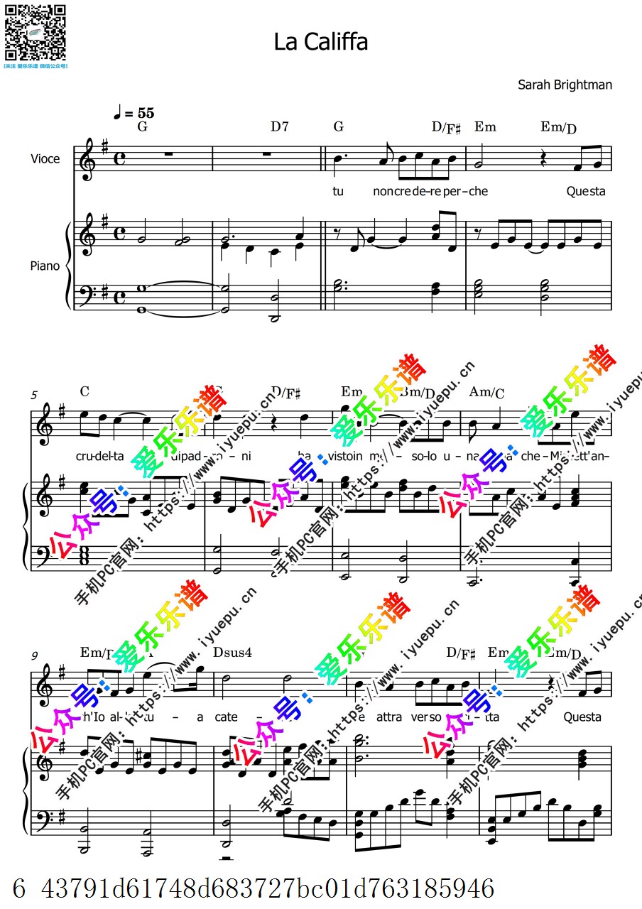 Ennio Morricone莫里康 La Califfa 嘉莉珐夫人Sarah Brightman 莎拉-布莱曼版 声乐钢琴伴奏谱 乐谱曲谱总谱分谱伴奏音乐在线预览试听下载