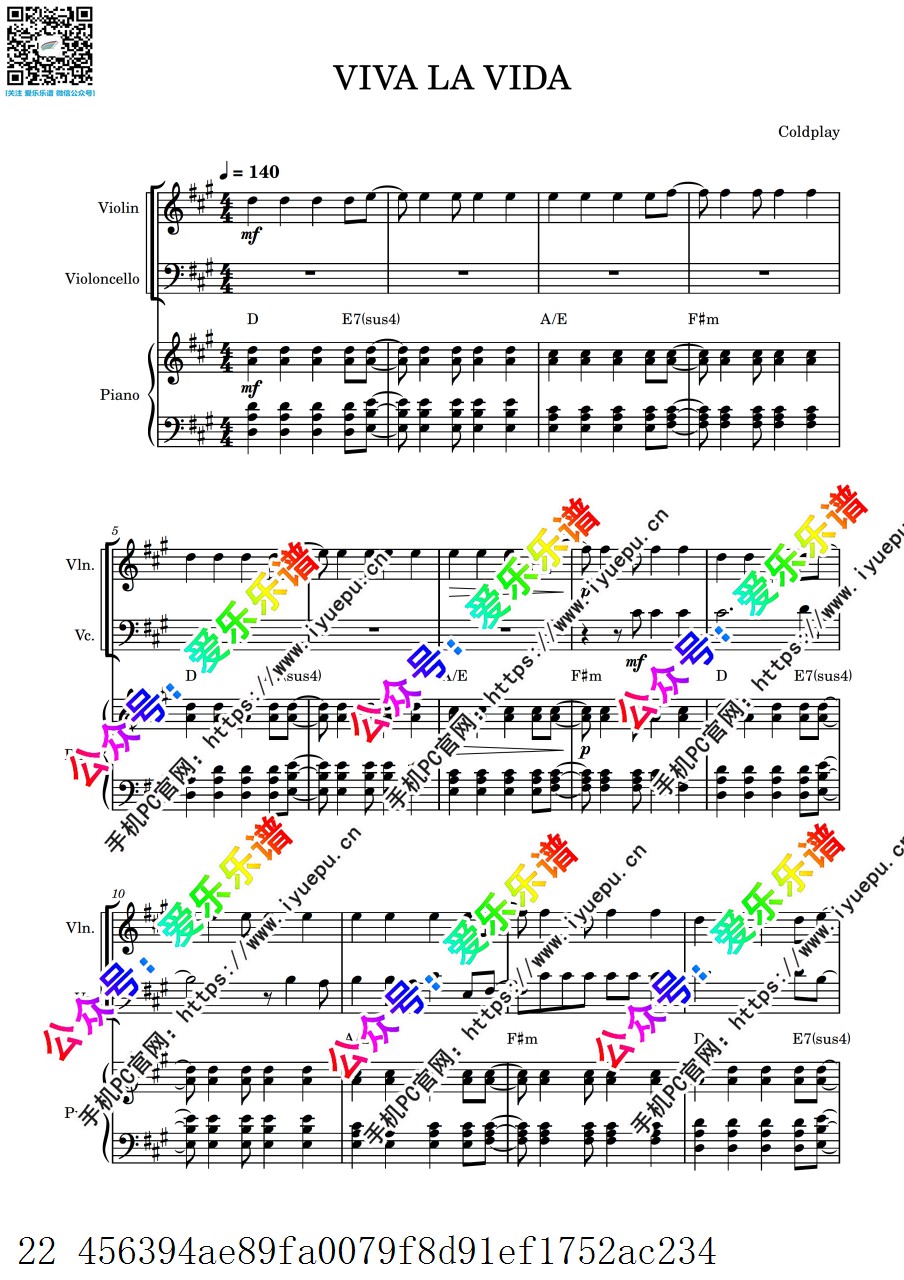Coldplay 生命万岁 Viva la Vida 小提琴大提琴钢琴三重奏 V1 总谱分谱 乐谱曲谱总谱分谱伴奏音乐在线预览试听下载