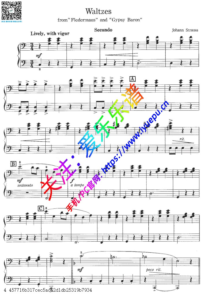 约翰施特劳斯 圆舞曲 Waltzes钢琴四手联弹谱 钢琴二重奏谱 乐谱曲谱总谱分谱伴奏音乐在线预览试听下载